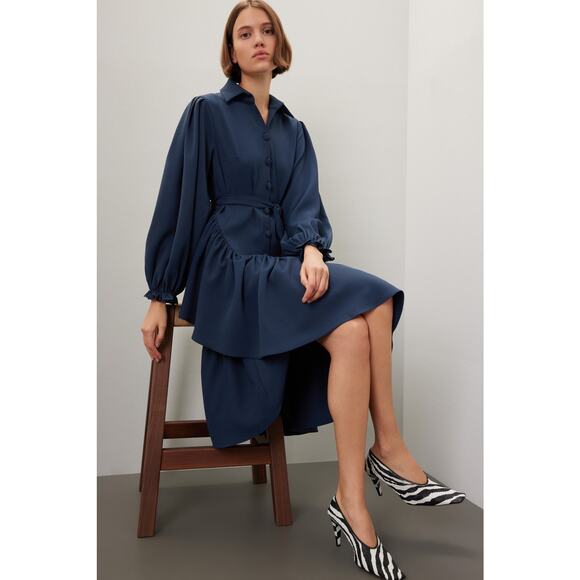 OSMAN YOUSEFZADA Blue Twill Ruffle Button Front Parachute Sleeve Shirt Dress 8 - Picture 1 of 15